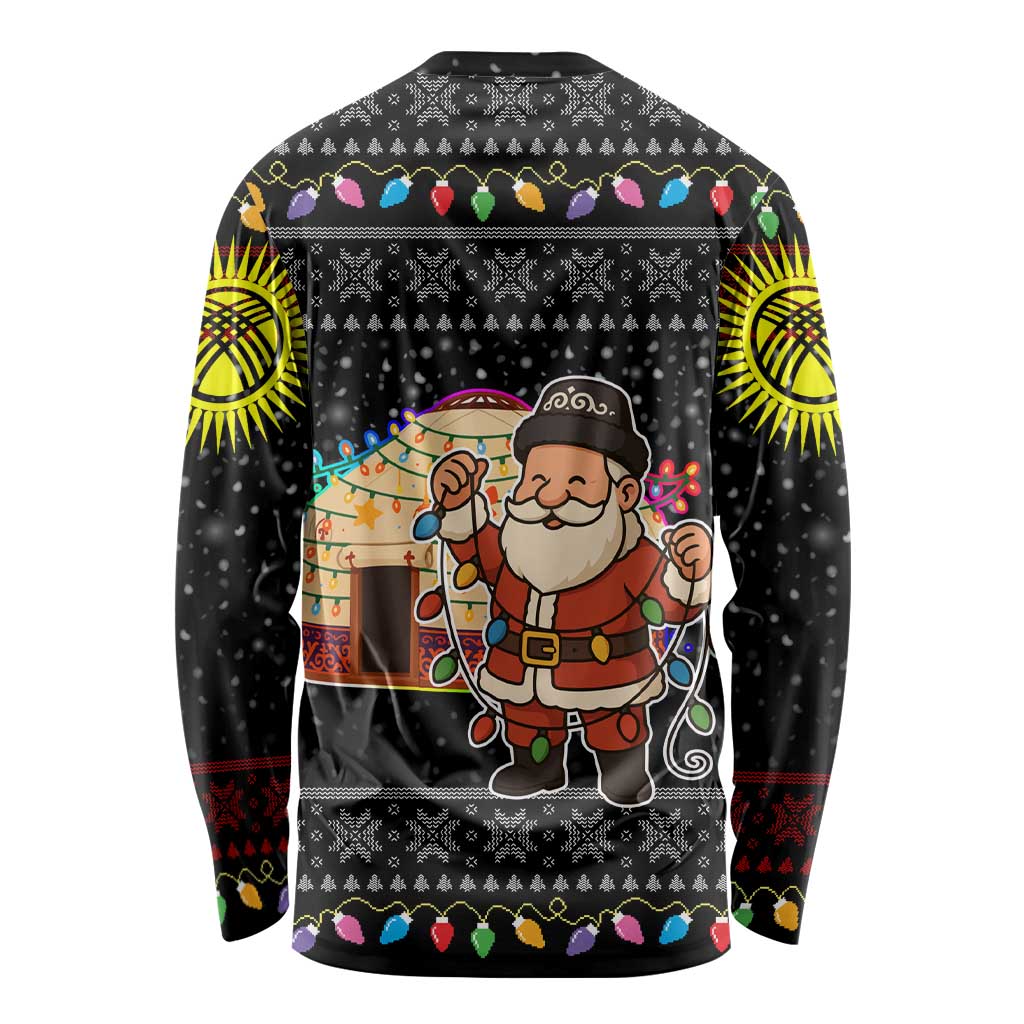 Kyrgyzstan Christmas Long Sleeve Shirt with Santa Decorating Yurt Colorful Lights Snowflakes and National - Wonder Print Shop