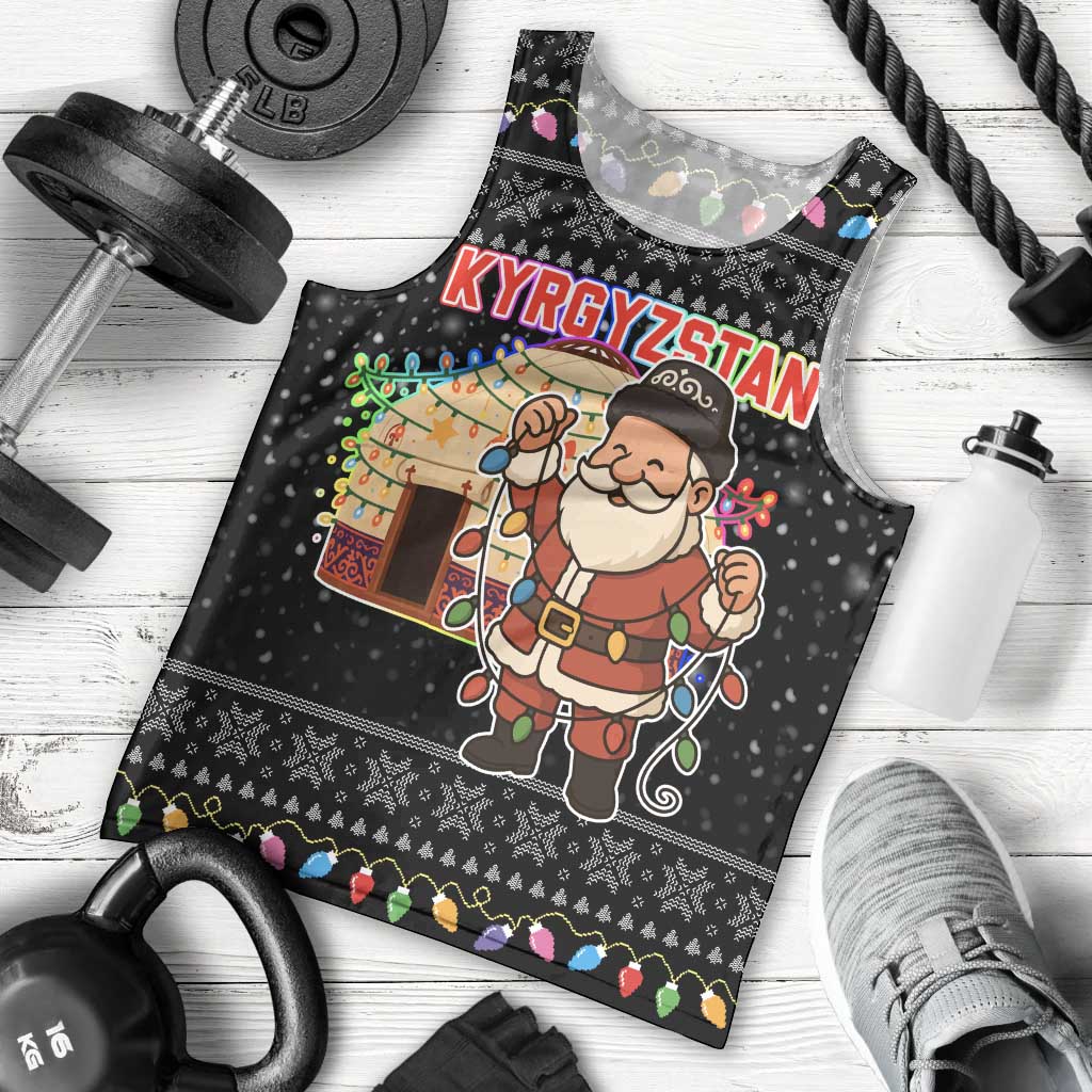 Kyrgyzstan Christmas Men Tank Top with Santa Decorating Yurt Colorful Lights Snowflakes and National - Wonder Print Shop