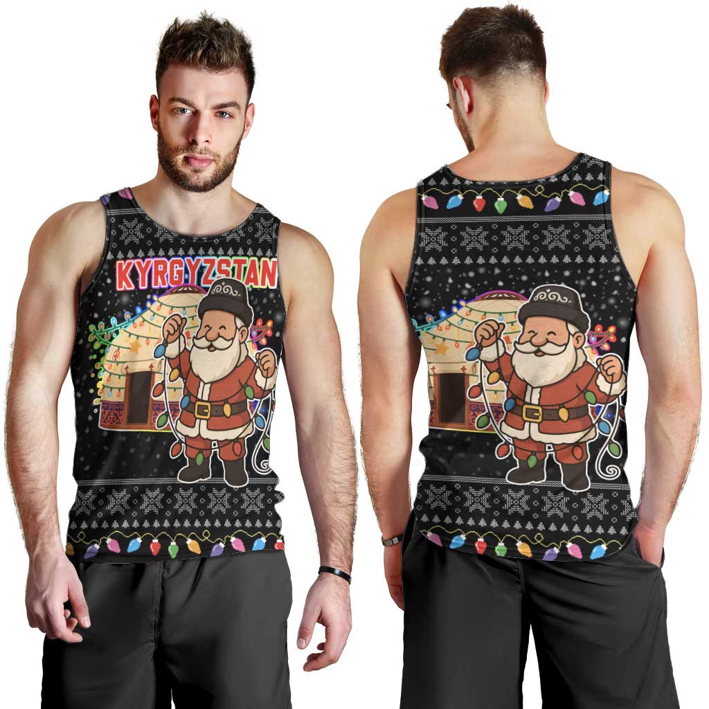 Kyrgyzstan Christmas Men Tank Top with Santa Decorating Yurt Colorful Lights Snowflakes and National - Wonder Print Shop