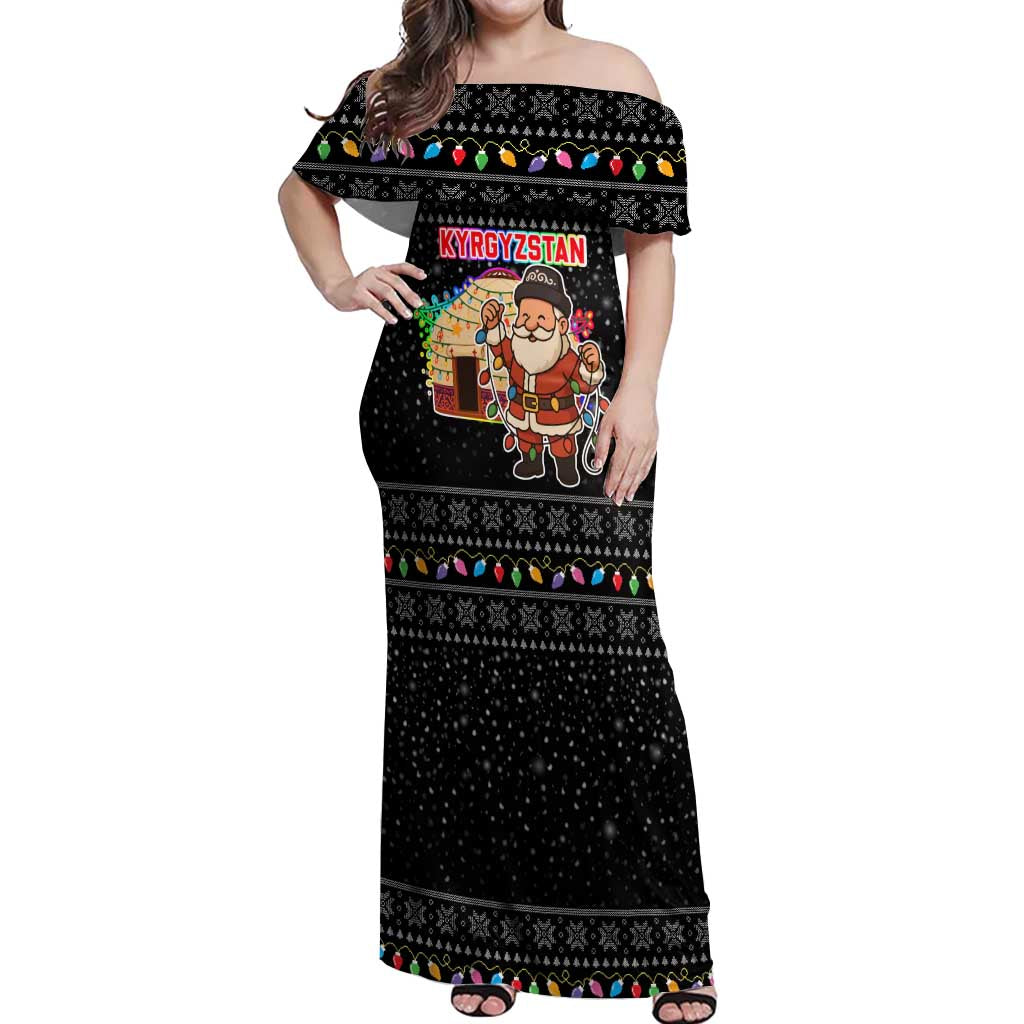 Kyrgyzstan Christmas Off Shoulder Maxi Dress with Santa Decorating Yurt Colorful Lights Snowflakes and National - Wonder Print Shop