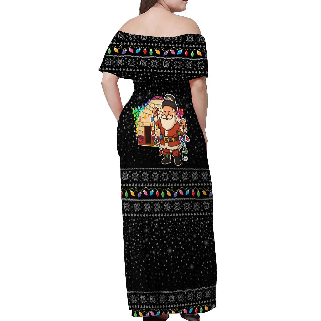 Kyrgyzstan Christmas Off Shoulder Maxi Dress with Santa Decorating Yurt Colorful Lights Snowflakes and National - Wonder Print Shop