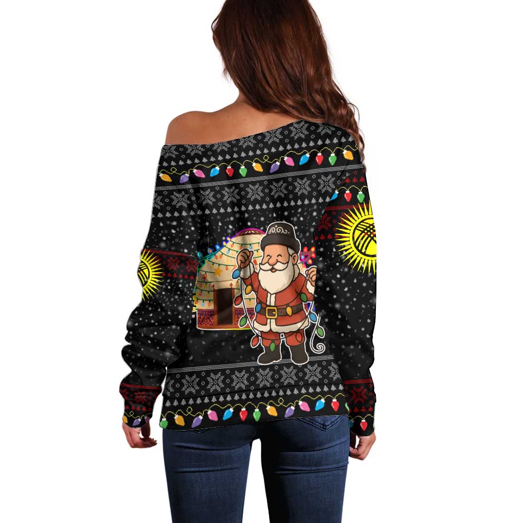 Kyrgyzstan Christmas Off Shoulder Sweater with Santa Decorating Yurt Colorful Lights Snowflakes and National - Wonder Print Shop