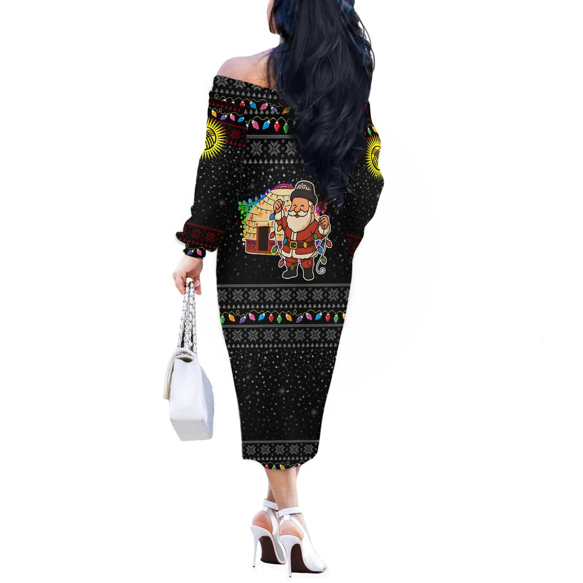 Kyrgyzstan Christmas Off The Shoulder Long Sleeve Dress with Santa Decorating Yurt Colorful Lights Snowflakes and National - Wonder Print Shop