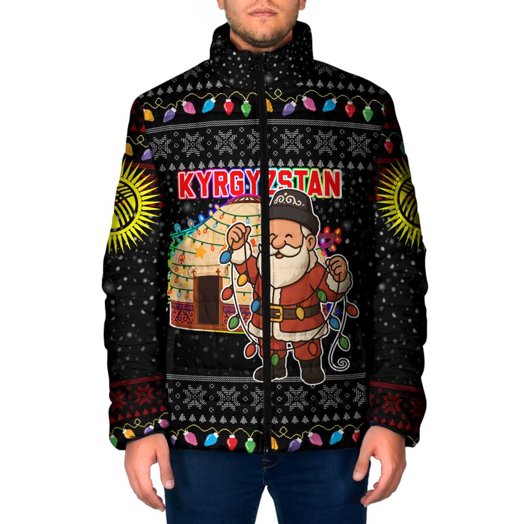 Kyrgyzstan Christmas Padded Jacket with Santa Decorating Yurt Colorful Lights Snowflakes and National - Wonder Print Shop