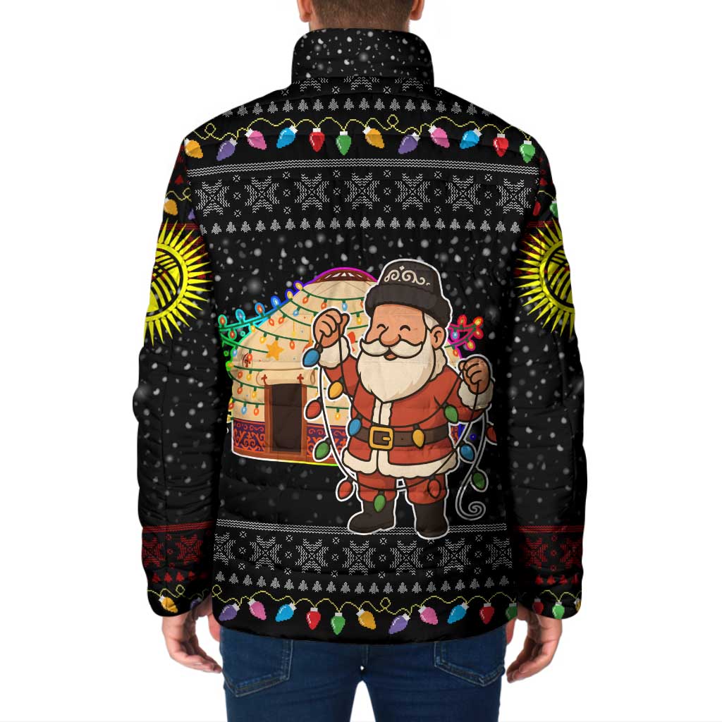 Kyrgyzstan Christmas Padded Jacket with Santa Decorating Yurt Colorful Lights Snowflakes and National - Wonder Print Shop