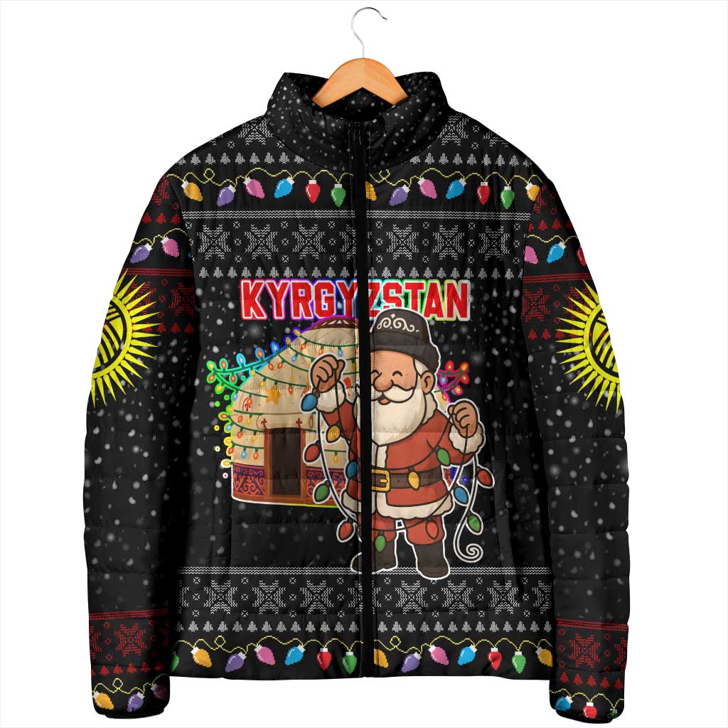 Kyrgyzstan Christmas Padded Jacket with Santa Decorating Yurt Colorful Lights Snowflakes and National - Wonder Print Shop