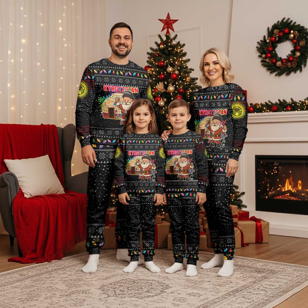 Kyrgyzstan Christmas Pajama Set with Santa Decorating Yurt Colorful Lights Snowflakes and National - Wonder Print Shop