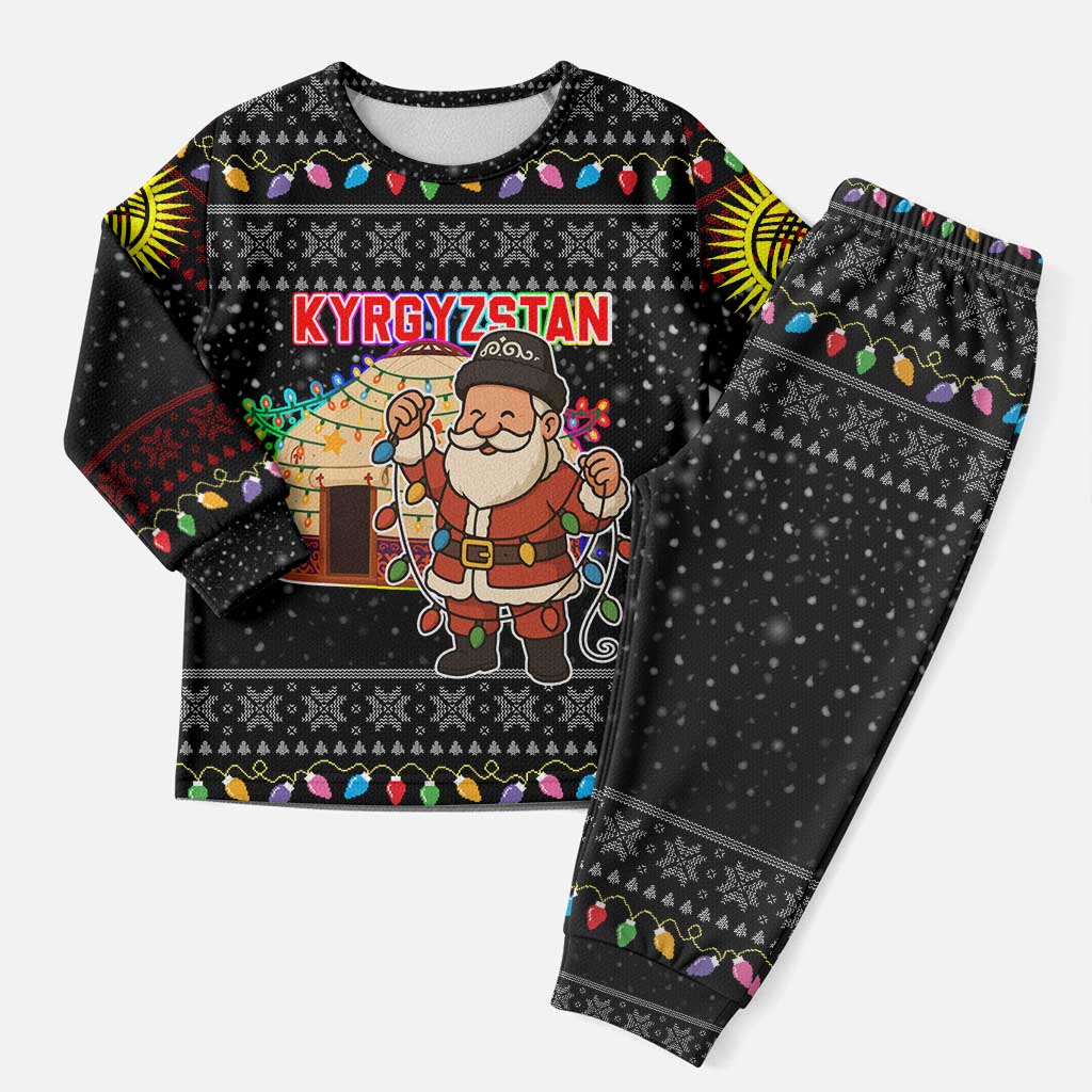 Kyrgyzstan Christmas Pajama Set with Santa Decorating Yurt Colorful Lights Snowflakes and National - Wonder Print Shop