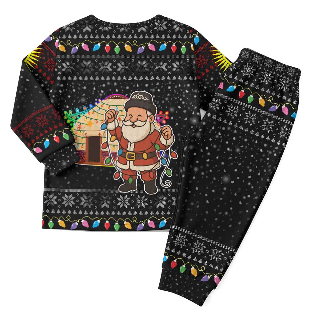Kyrgyzstan Christmas Pajama Set with Santa Decorating Yurt Colorful Lights Snowflakes and National - Wonder Print Shop
