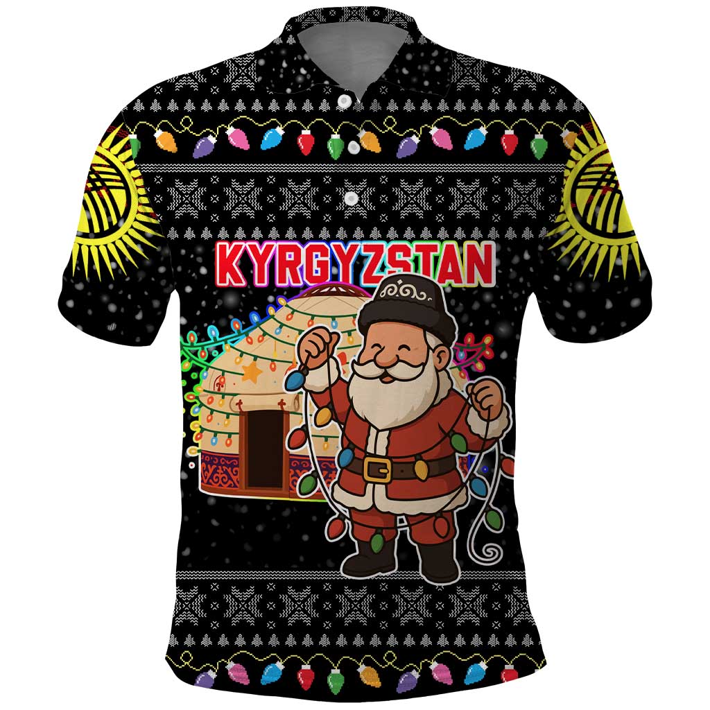 Kyrgyzstan Christmas Polo Shirt with Santa Decorating Yurt Colorful Lights Snowflakes and National - Wonder Print Shop