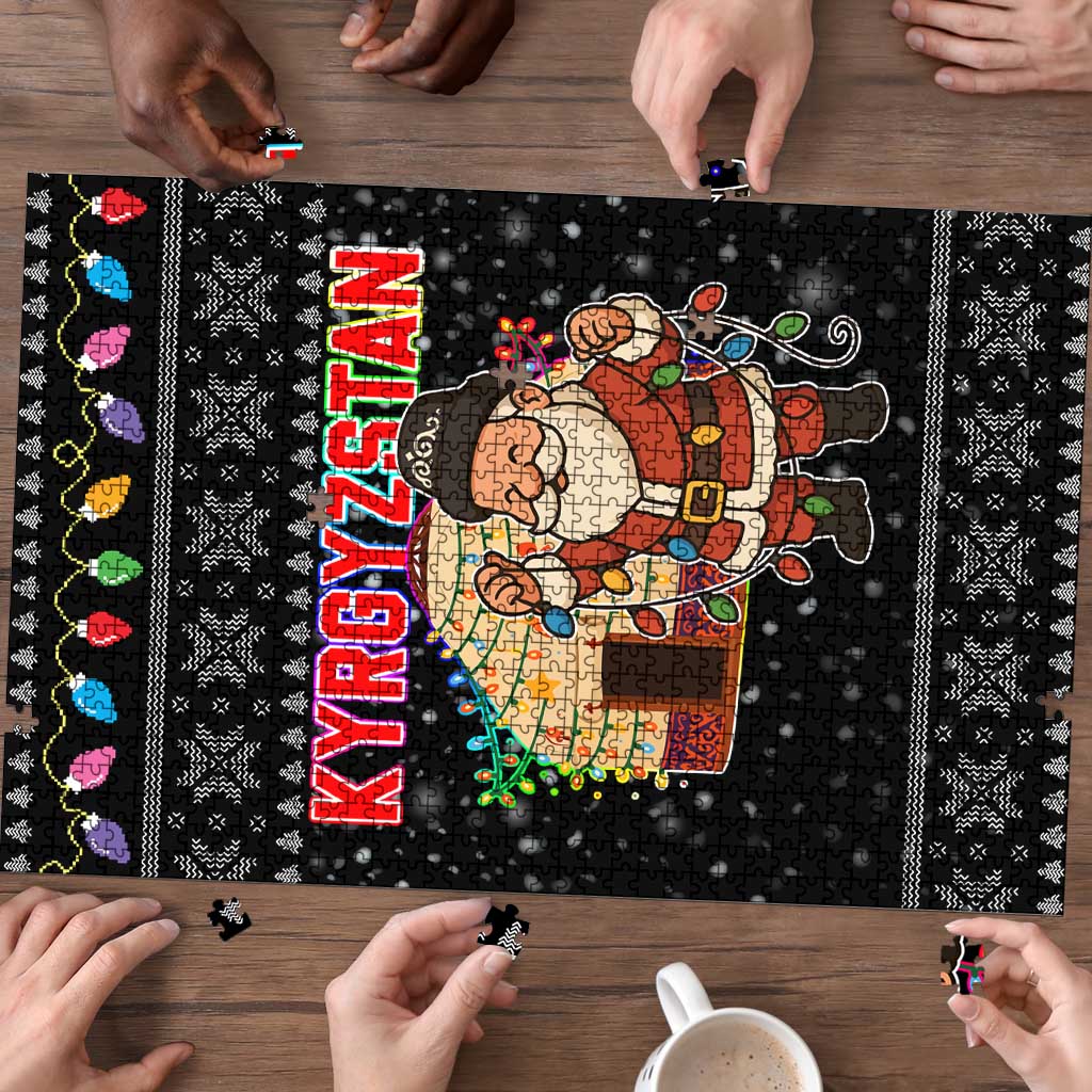 Kyrgyzstan Christmas Puzzle with Santa Decorating Yurt Colorful Lights Snowflakes and National - Wonder Print Shop