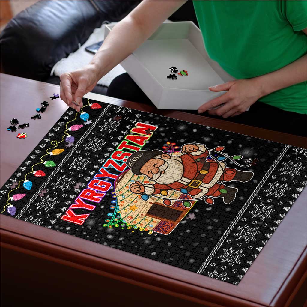 Kyrgyzstan Christmas Puzzle with Santa Decorating Yurt Colorful Lights Snowflakes and National - Wonder Print Shop