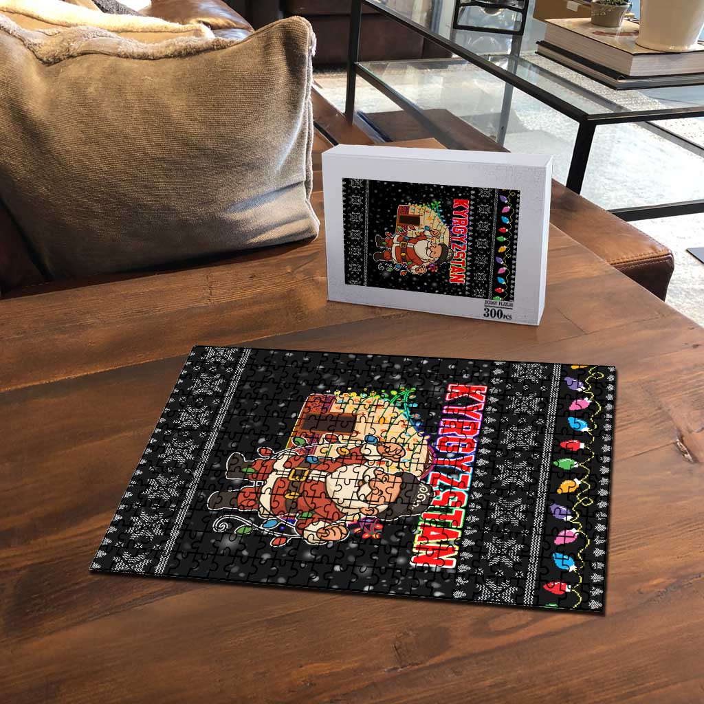 Kyrgyzstan Christmas Puzzle with Santa Decorating Yurt Colorful Lights Snowflakes and National - Wonder Print Shop