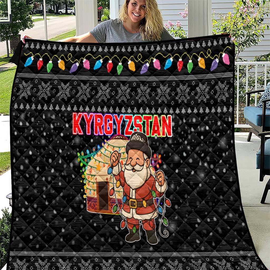 Kyrgyzstan Christmas Quilt with Santa Decorating Yurt Colorful Lights Snowflakes and National - Wonder Print Shop