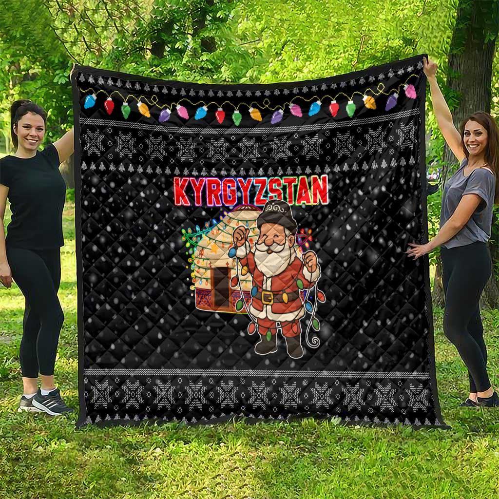 Kyrgyzstan Christmas Quilt with Santa Decorating Yurt Colorful Lights Snowflakes and National - Wonder Print Shop
