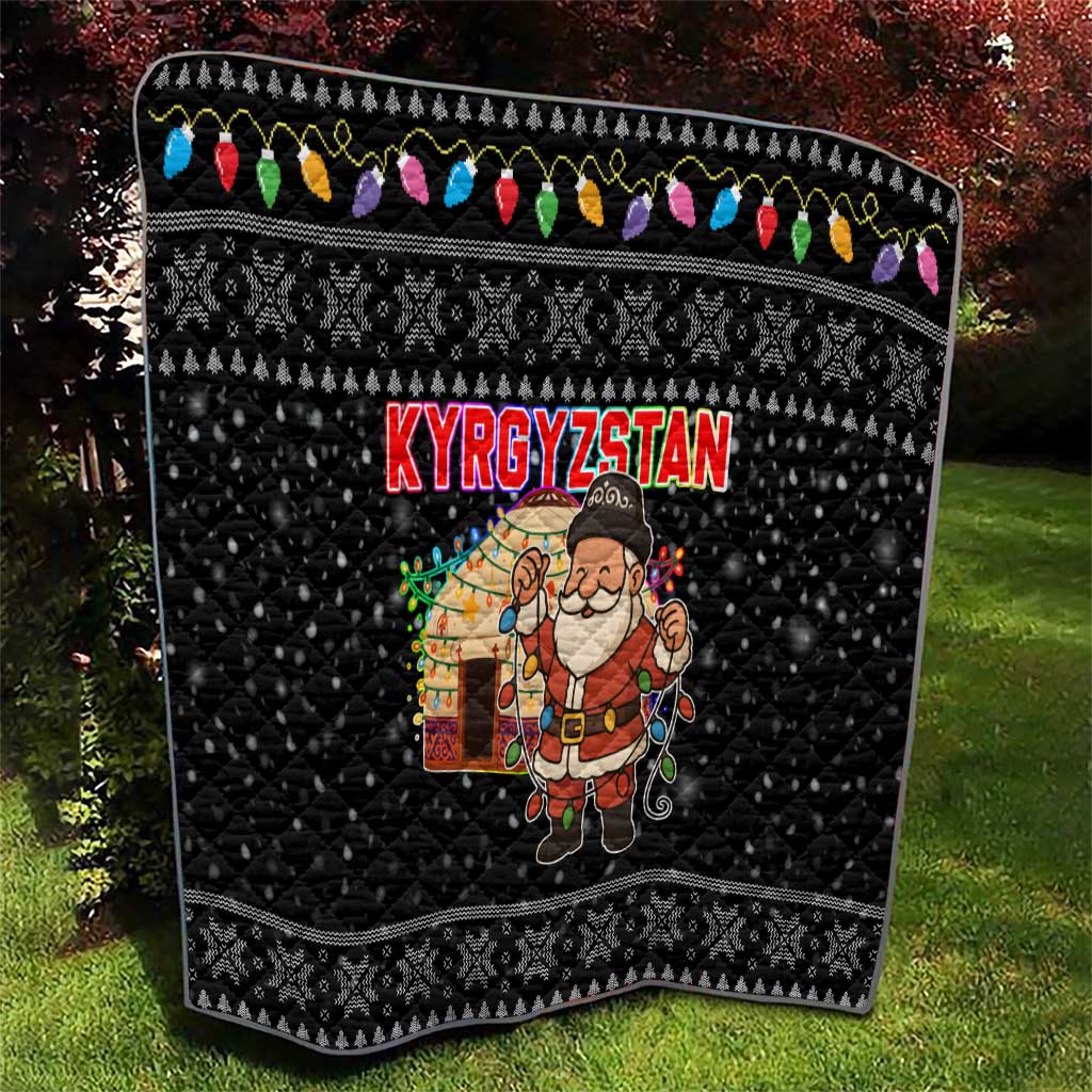 Kyrgyzstan Christmas Quilt with Santa Decorating Yurt Colorful Lights Snowflakes and National - Wonder Print Shop