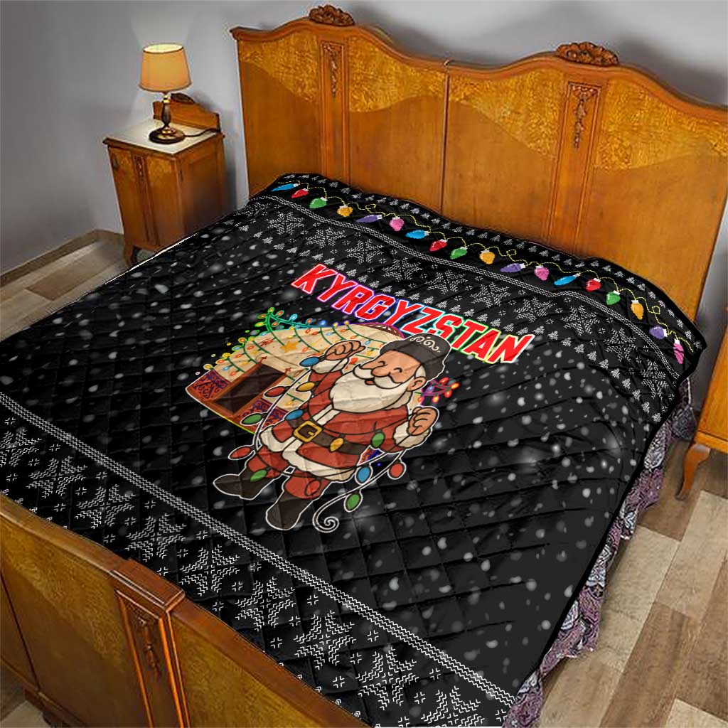 Kyrgyzstan Christmas Quilt with Santa Decorating Yurt Colorful Lights Snowflakes and National - Wonder Print Shop
