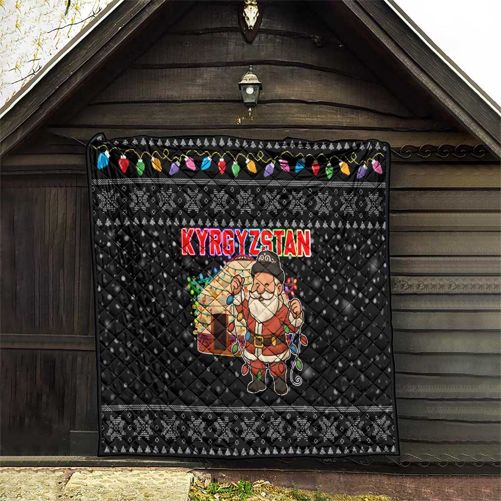 Kyrgyzstan Christmas Quilt with Santa Decorating Yurt Colorful Lights Snowflakes and National - Wonder Print Shop