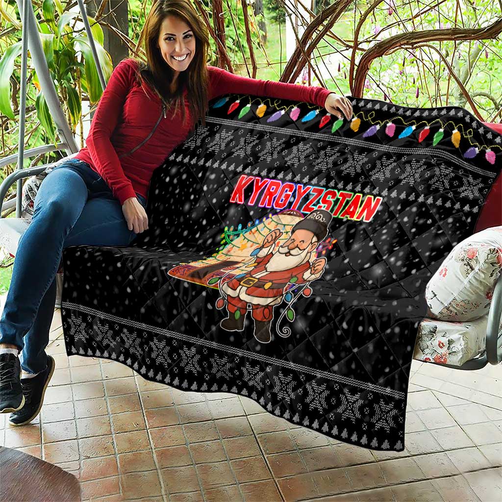 Kyrgyzstan Christmas Quilt with Santa Decorating Yurt Colorful Lights Snowflakes and National - Wonder Print Shop
