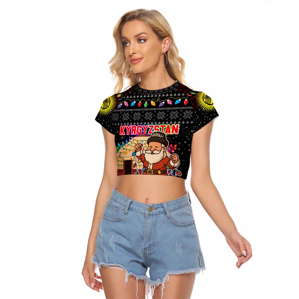 Kyrgyzstan Christmas Raglan Cropped T Shirt with Santa Decorating Yurt Colorful Lights Snowflakes and National - Wonder Print Shop