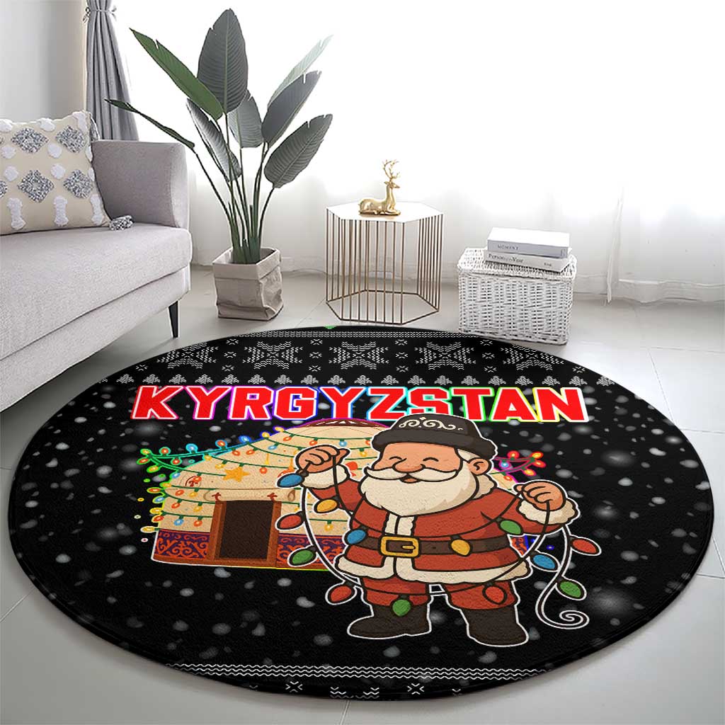 Kyrgyzstan Christmas Round Carpet with Santa Decorating Yurt Colorful Lights Snowflakes and National - Wonder Print Shop