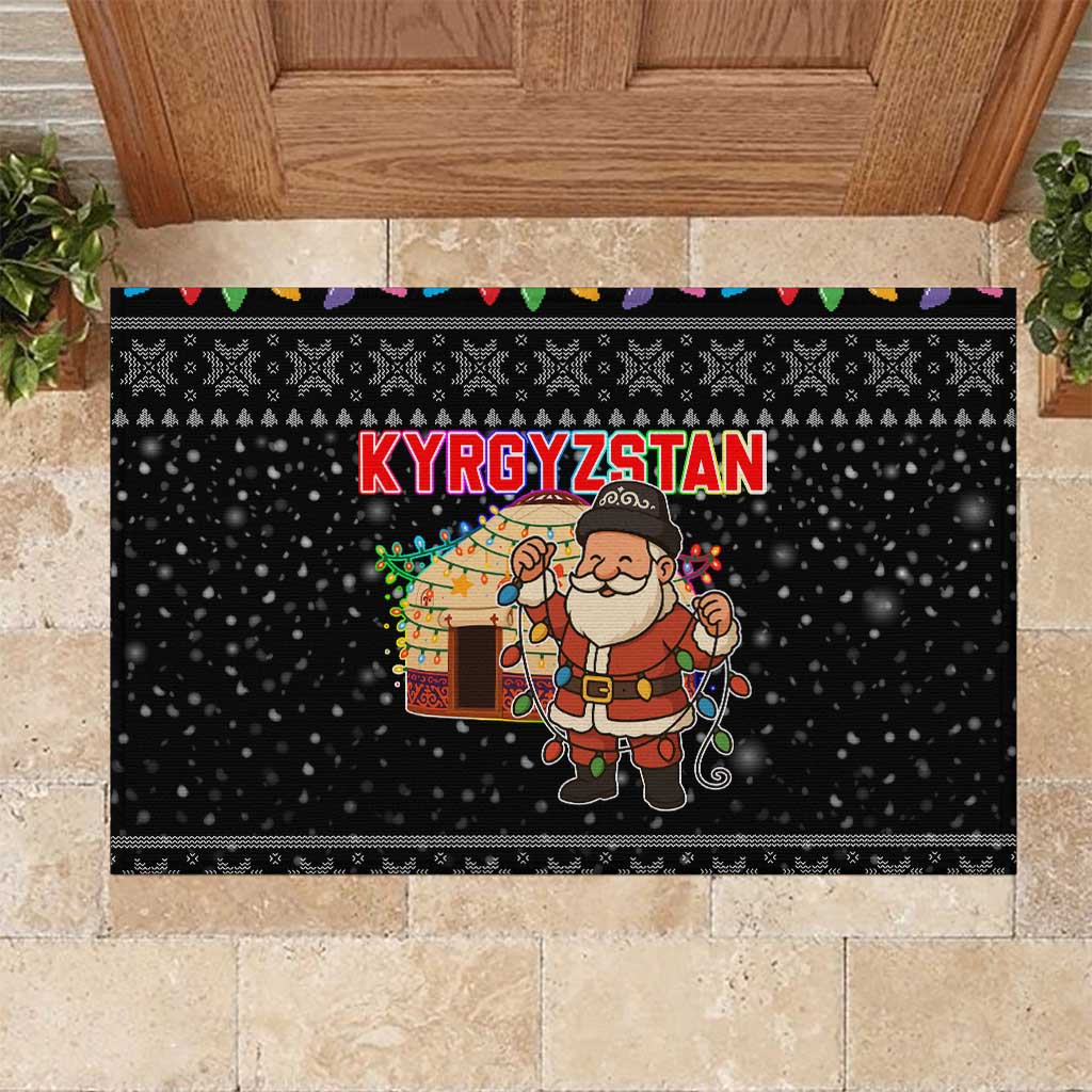 Kyrgyzstan Christmas Rubber Doormat with Santa Decorating Yurt Colorful Lights Snowflakes and National - Wonder Print Shop