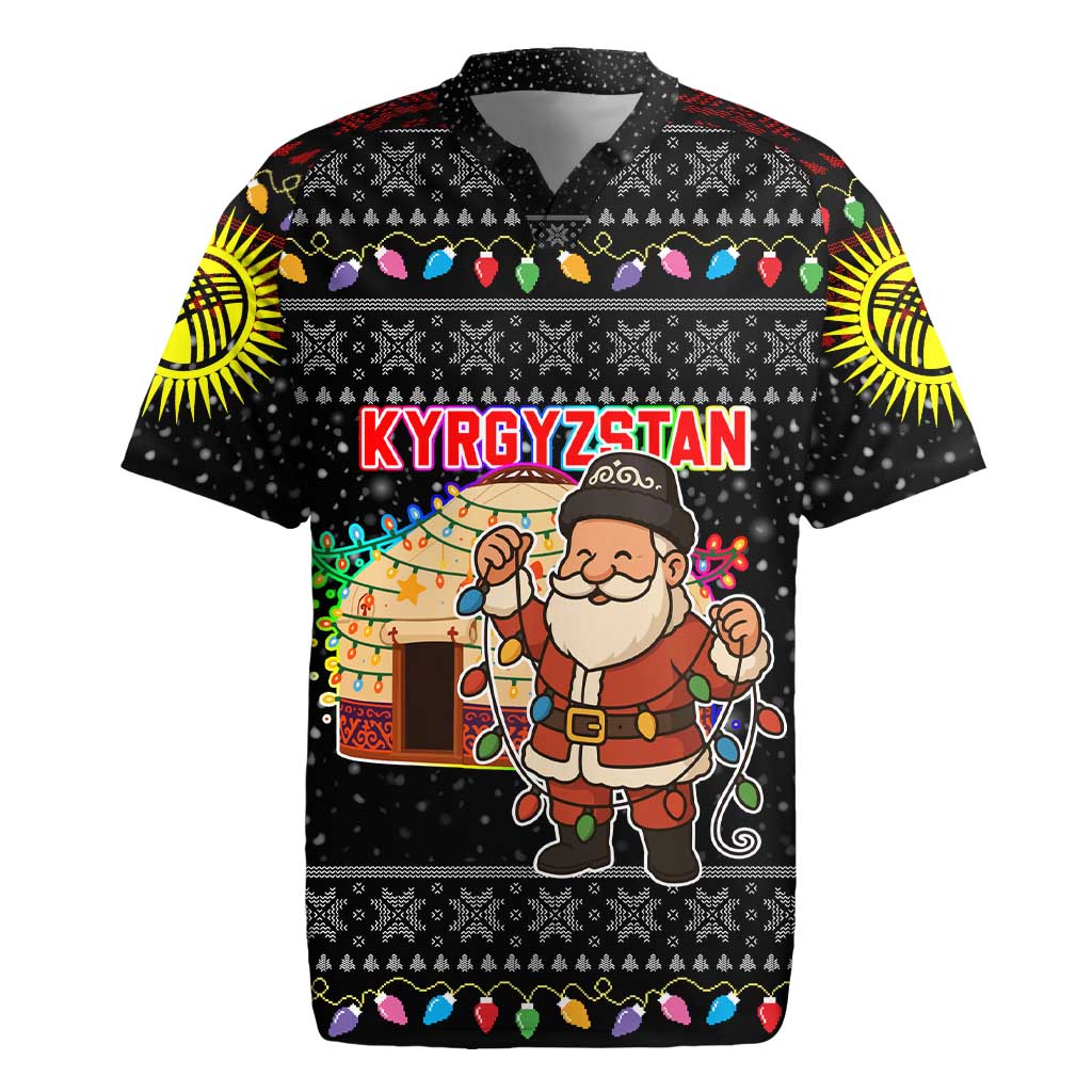 Kyrgyzstan Christmas Rugby Jersey with Santa Decorating Yurt Colorful Lights Snowflakes and National - Wonder Print Shop
