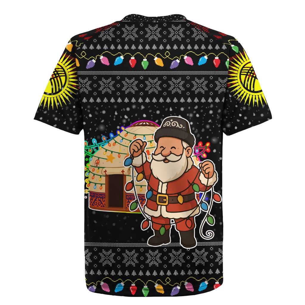 Kyrgyzstan Christmas Rugby Jersey with Santa Decorating Yurt Colorful Lights Snowflakes and National - Wonder Print Shop
