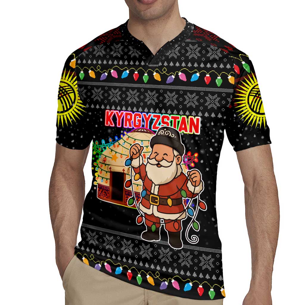 Kyrgyzstan Christmas Rugby Jersey with Santa Decorating Yurt Colorful Lights Snowflakes and National - Wonder Print Shop