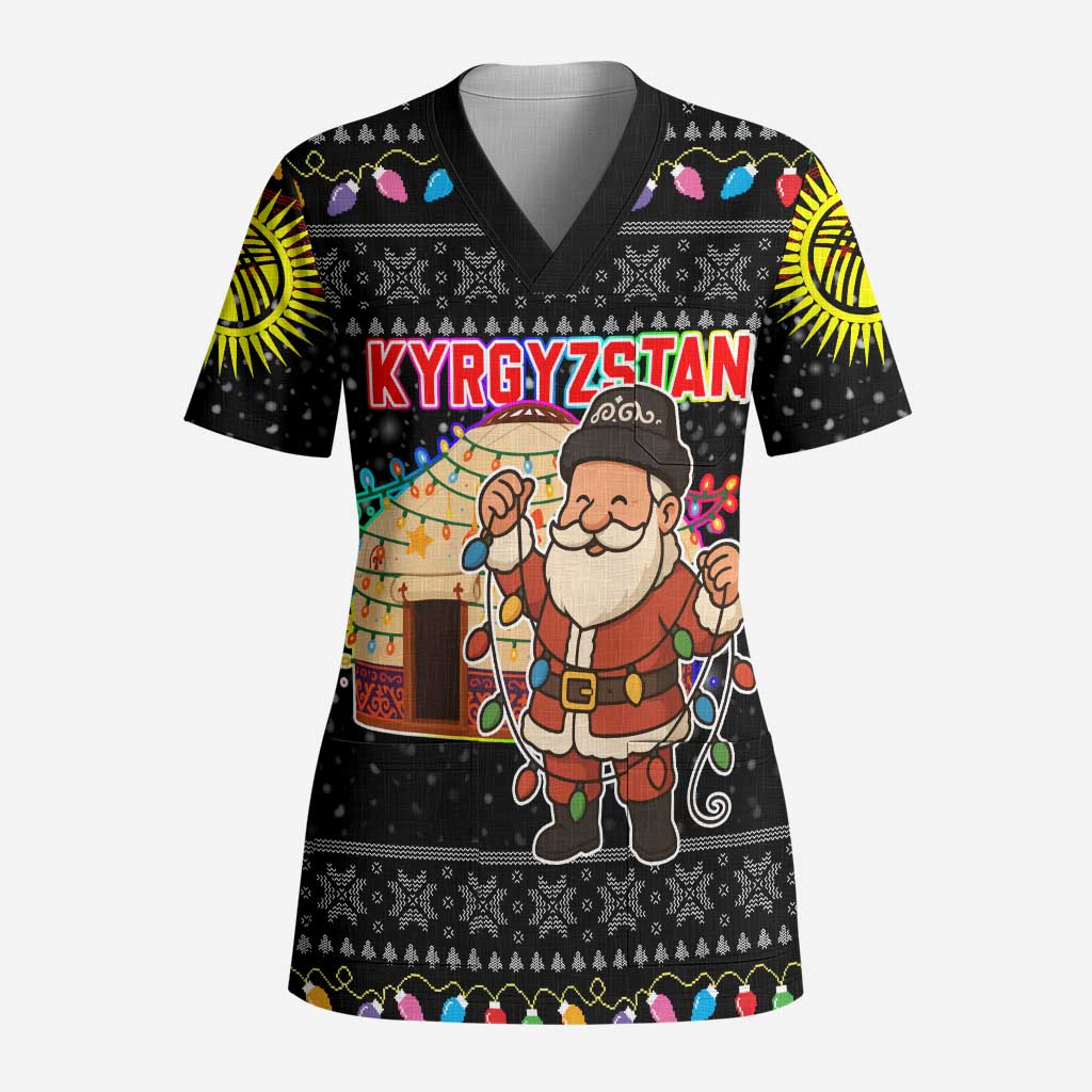 Kyrgyzstan Christmas Scrub Top with Santa Decorating Yurt Colorful Lights Snowflakes and National - Wonder Print Shop