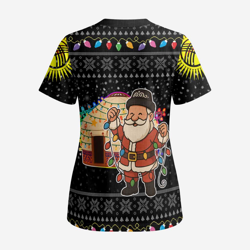 Kyrgyzstan Christmas Scrub Top with Santa Decorating Yurt Colorful Lights Snowflakes and National - Wonder Print Shop
