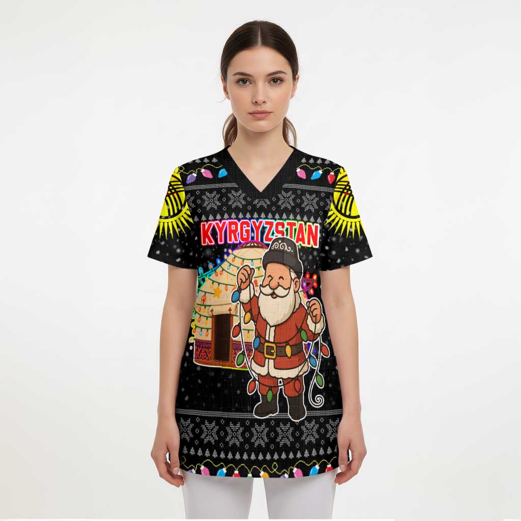 Kyrgyzstan Christmas Scrub Top with Santa Decorating Yurt Colorful Lights Snowflakes and National - Wonder Print Shop