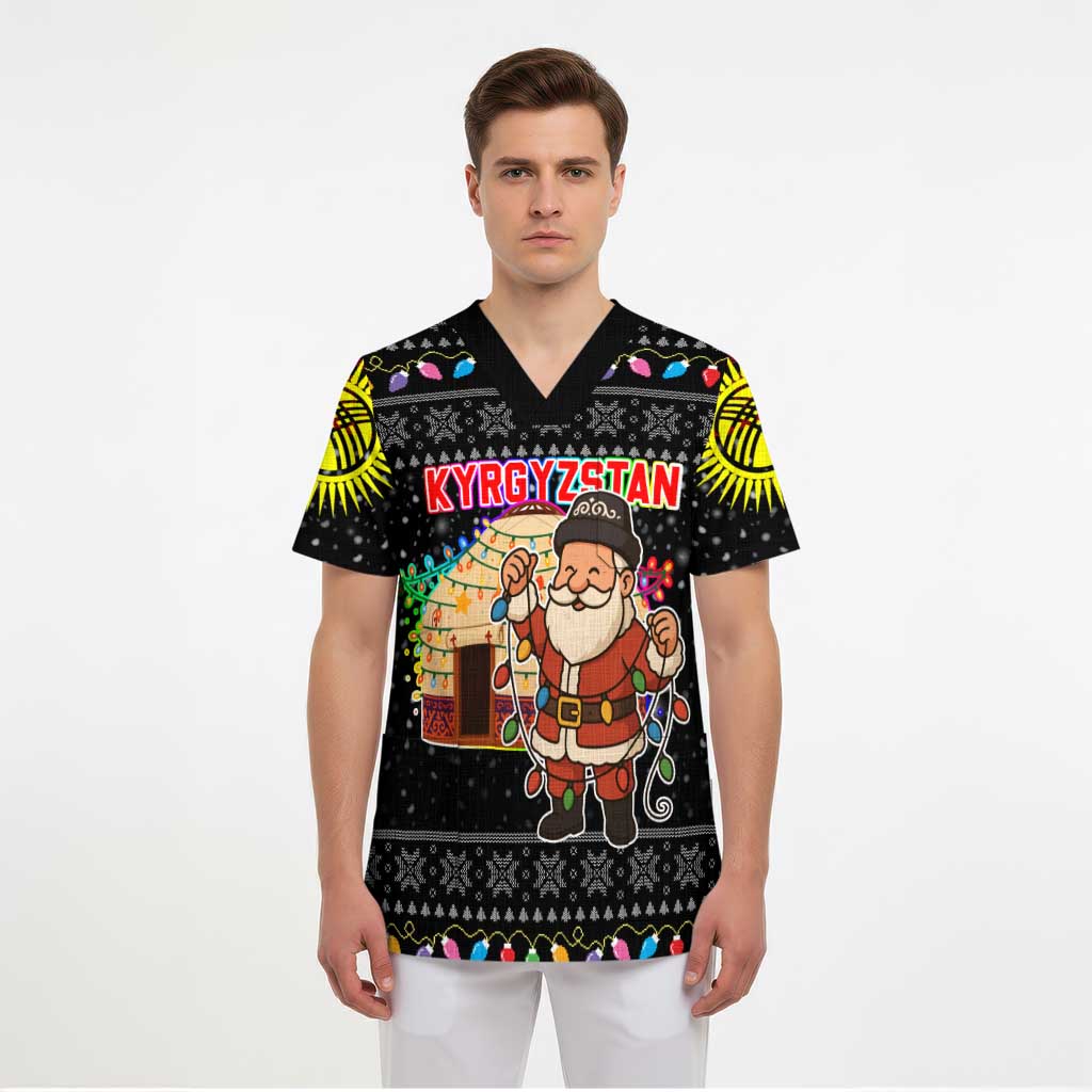 Kyrgyzstan Christmas Scrub Top with Santa Decorating Yurt Colorful Lights Snowflakes and National - Wonder Print Shop