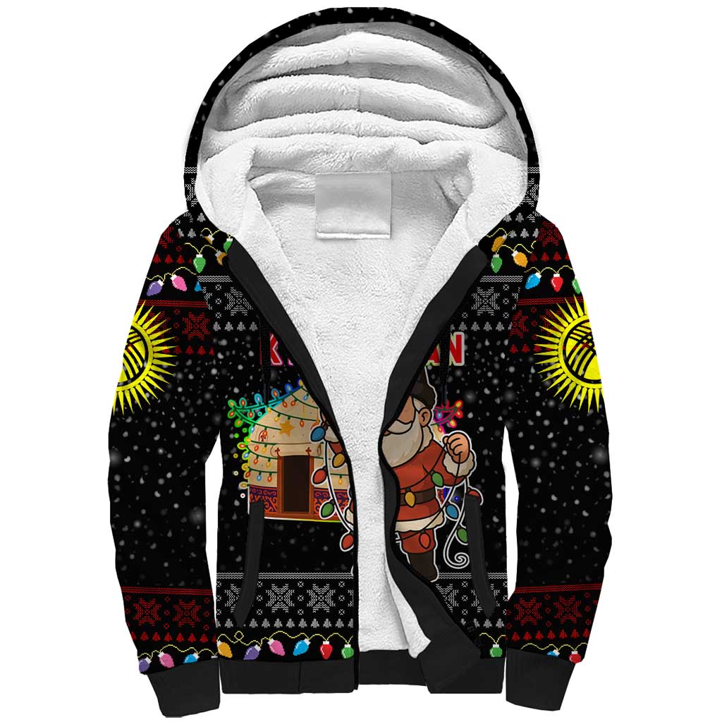 Kyrgyzstan Christmas Sherpa Hoodie with Santa Decorating Yurt Colorful Lights Snowflakes and National - Wonder Print Shop