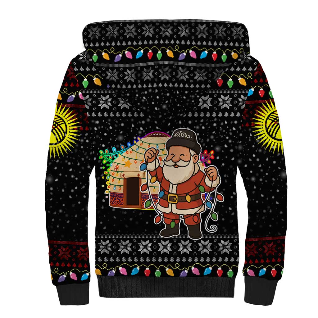 Kyrgyzstan Christmas Sherpa Hoodie with Santa Decorating Yurt Colorful Lights Snowflakes and National - Wonder Print Shop