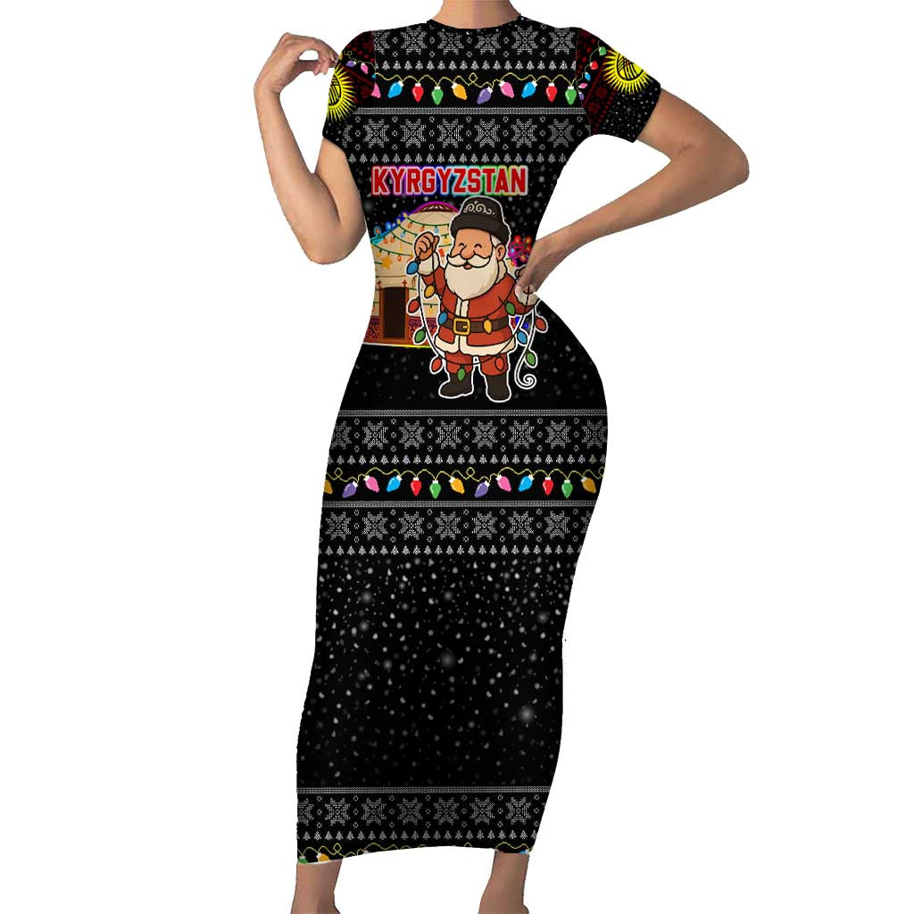 Kyrgyzstan Christmas Short Sleeve Bodycon Dress with Santa Decorating Yurt Colorful Lights Snowflakes and National - Wonder Print Shop