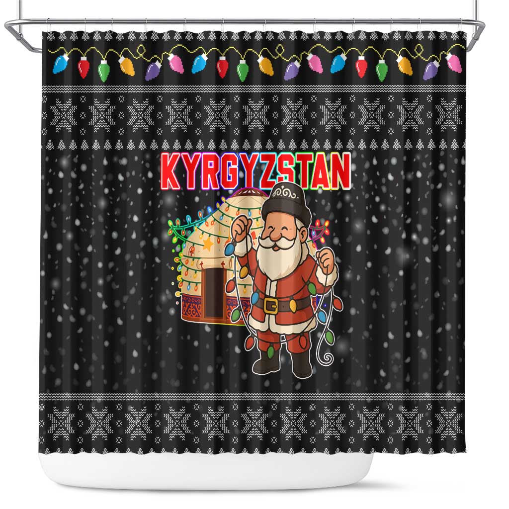 Kyrgyzstan Christmas Shower Curtain with Santa Decorating Yurt Colorful Lights Snowflakes and National - Wonder Print Shop