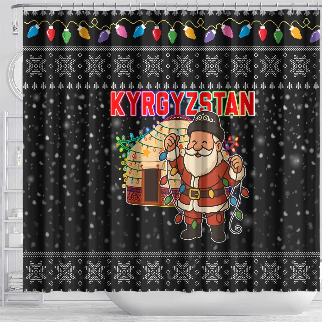 Kyrgyzstan Christmas Shower Curtain with Santa Decorating Yurt Colorful Lights Snowflakes and National - Wonder Print Shop