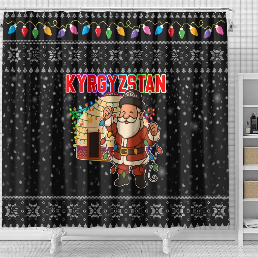 Kyrgyzstan Christmas Shower Curtain with Santa Decorating Yurt Colorful Lights Snowflakes and National - Wonder Print Shop