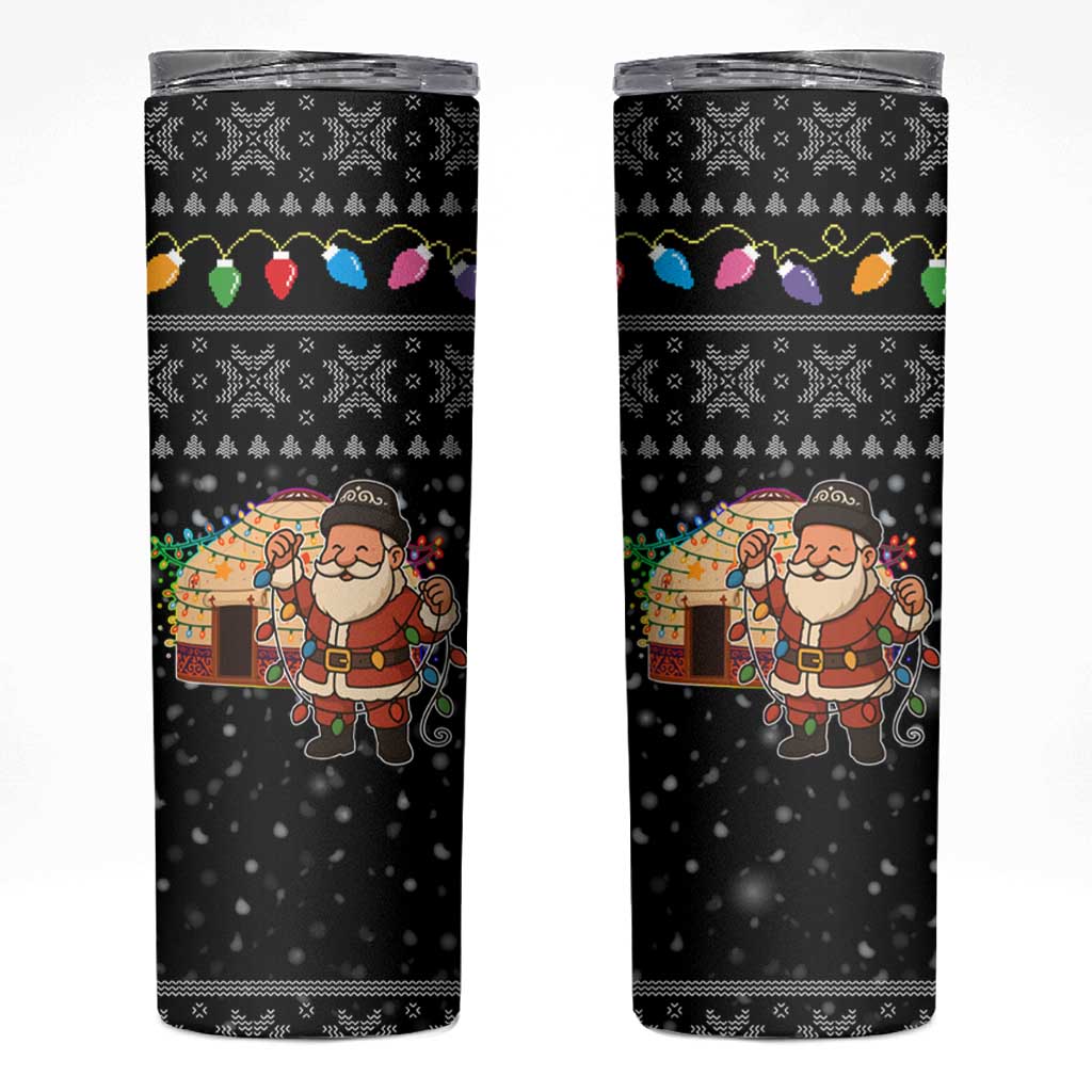 Kyrgyzstan Christmas Skinny Tumbler with Santa Decorating Yurt Colorful Lights Snowflakes and National - Wonder Print Shop