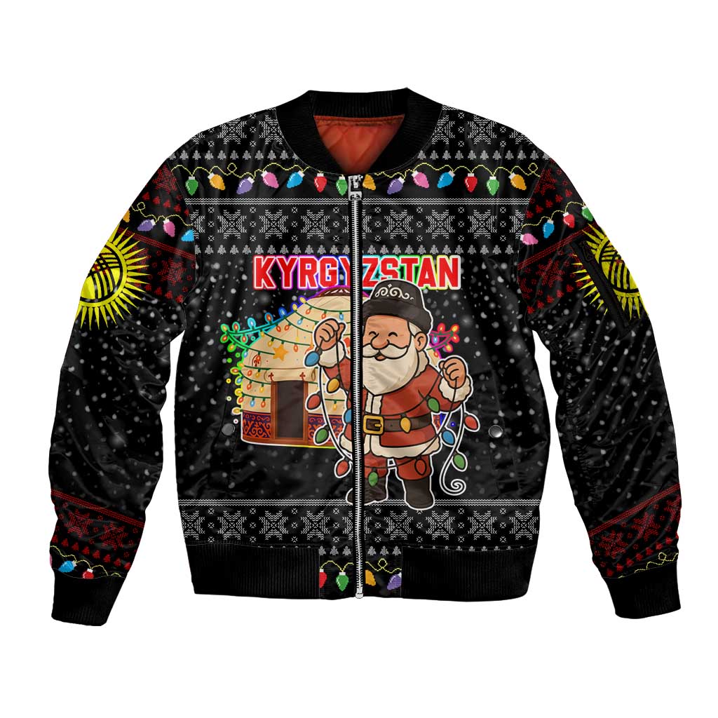 Kyrgyzstan Christmas Sleeve Zip Bomber Jacket with Santa Decorating Yurt Colorful Lights Snowflakes and National - Wonder Print Shop