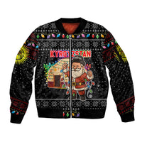 Kyrgyzstan Christmas Sleeve Zip Bomber Jacket with Santa Decorating Yurt Colorful Lights Snowflakes and National - Wonder Print Shop