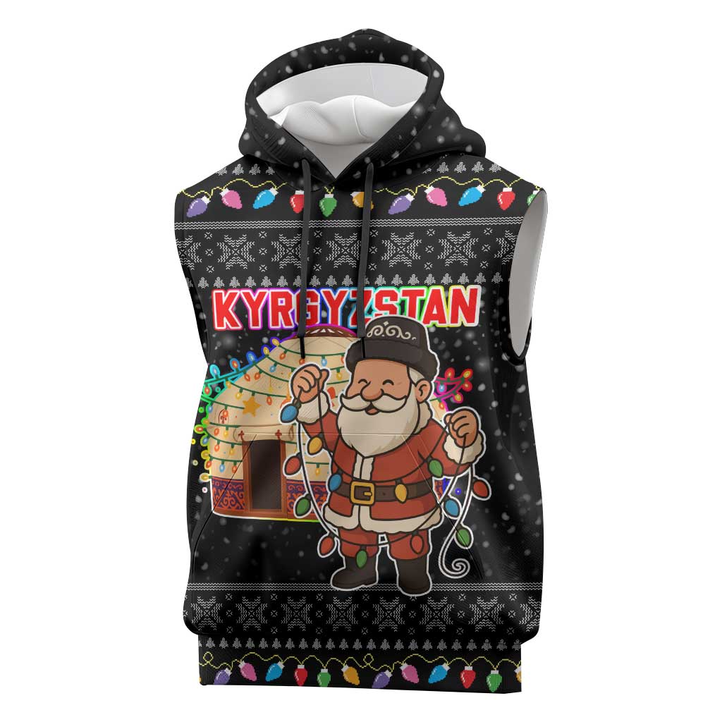 Kyrgyzstan Christmas Sleeveless Hoodie with Santa Decorating Yurt Colorful Lights Snowflakes and National - Wonder Print Shop