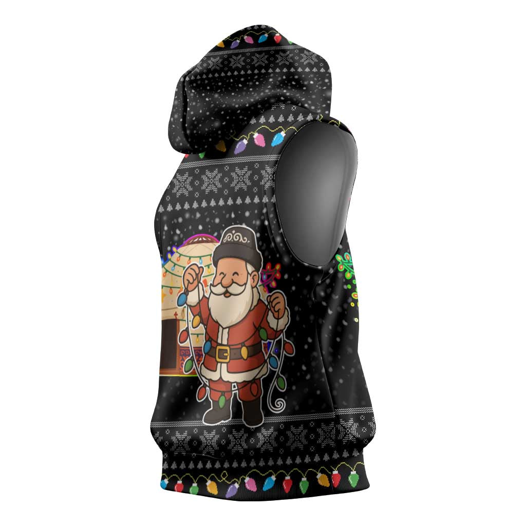 Kyrgyzstan Christmas Sleeveless Hoodie with Santa Decorating Yurt Colorful Lights Snowflakes and National - Wonder Print Shop