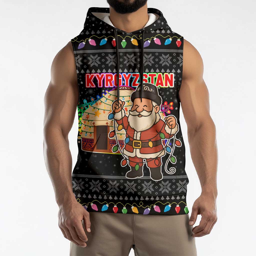 Kyrgyzstan Christmas Sleeveless Hoodie with Santa Decorating Yurt Colorful Lights Snowflakes and National - Wonder Print Shop