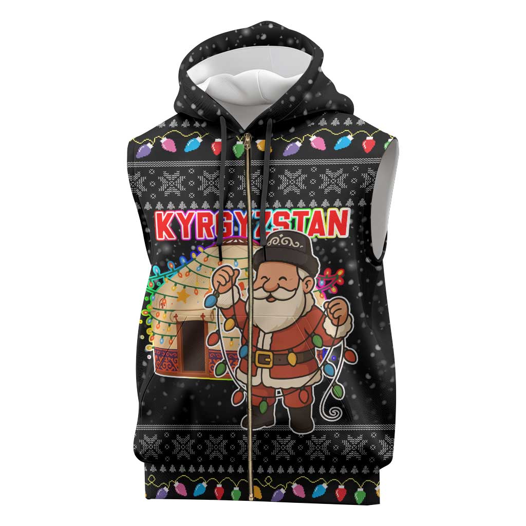 Kyrgyzstan Christmas Sleeveless Zip Hoodie with Santa Decorating Yurt Colorful Lights Snowflakes and National - Wonder Print Shop