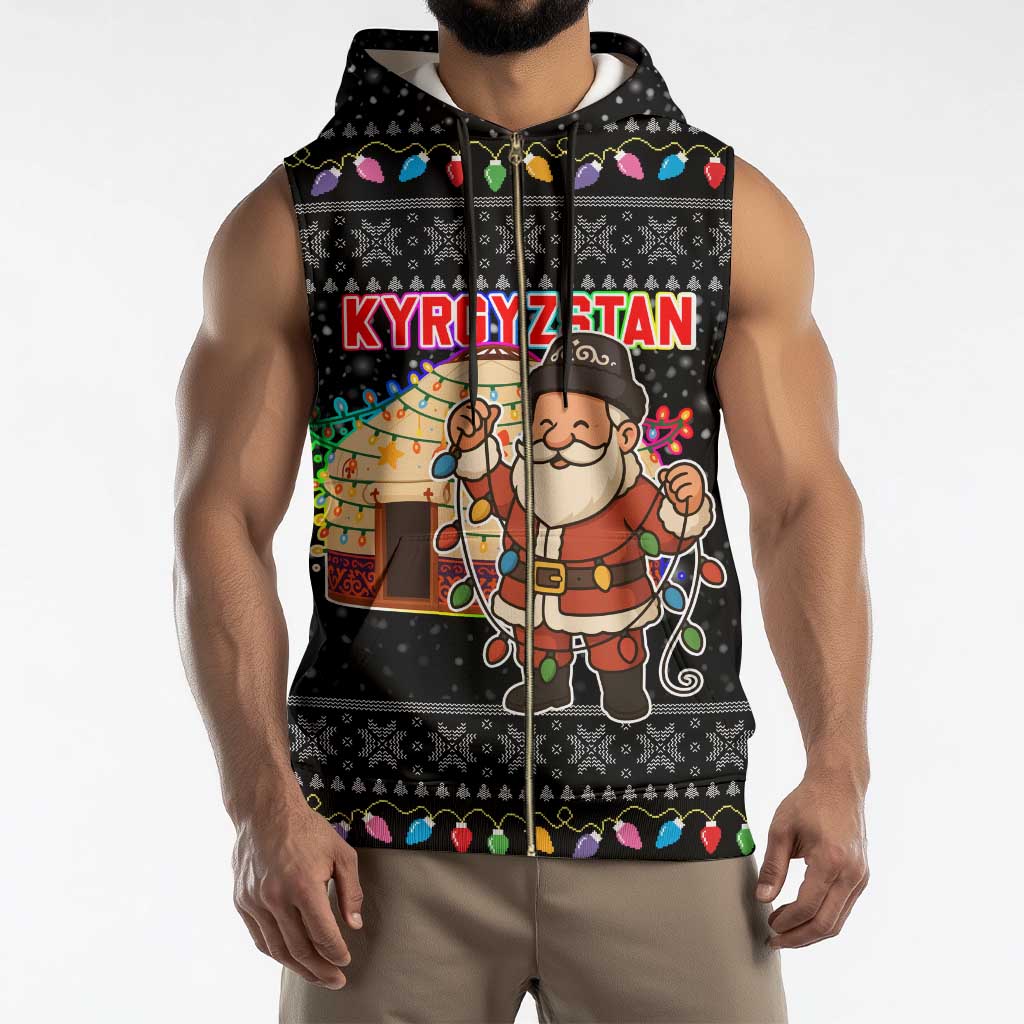 Kyrgyzstan Christmas Sleeveless Zip Hoodie with Santa Decorating Yurt Colorful Lights Snowflakes and National - Wonder Print Shop