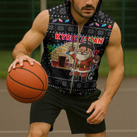 Kyrgyzstan Christmas Sleeveless Zip Hoodie with Santa Decorating Yurt Colorful Lights Snowflakes and National - Wonder Print Shop