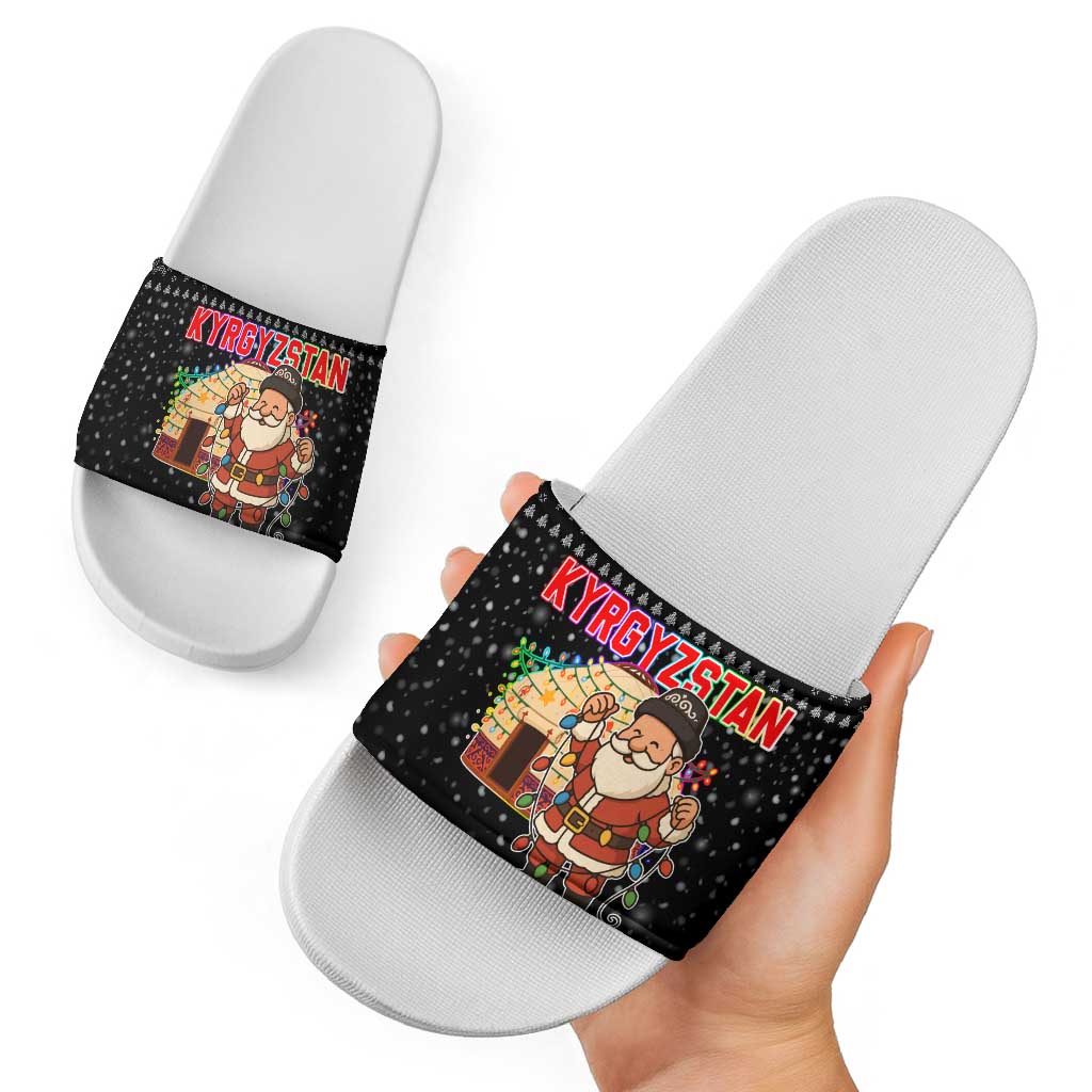 Kyrgyzstan Christmas Slide Sandals with Santa Decorating Yurt Colorful Lights Snowflakes and National - Wonder Print Shop