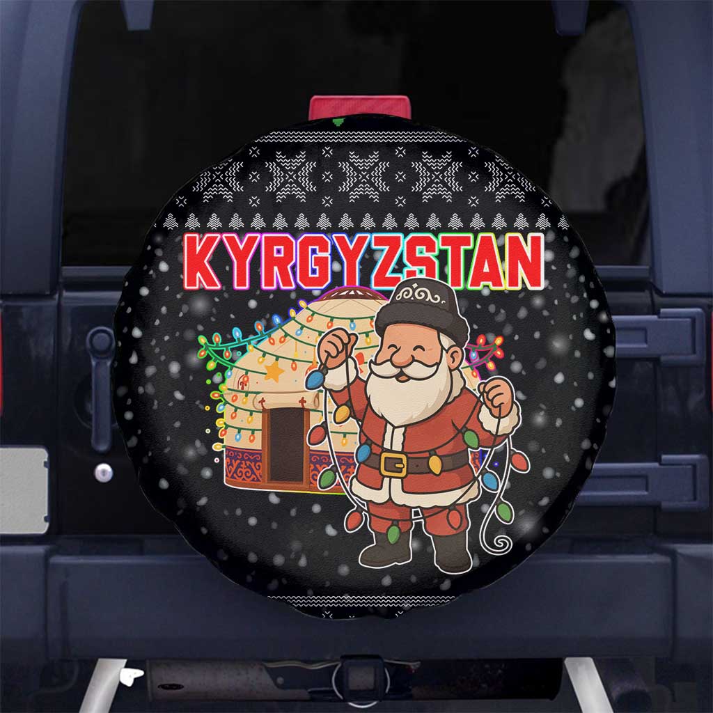 Kyrgyzstan Christmas Spare Tire Cover with Santa Decorating Yurt Colorful Lights Snowflakes and National - Wonder Print Shop